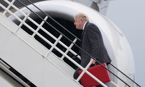 Boris Johnson boards RAF Voyager at Stansted Airport en route to New York.