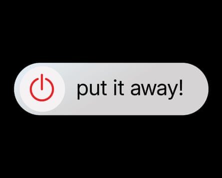 Image of a black phone screen with ‘put it away!’ on it