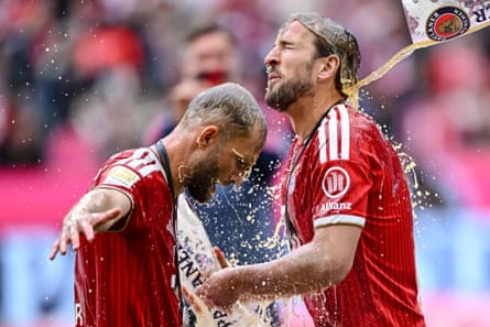 Harry Kane and his Bayern Munich teammates celebrate their Bundesliga win in May