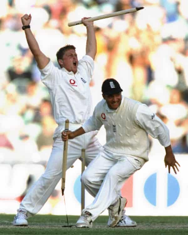 England’s Darren Gough (left) and Mark Butcher celebrate winning the Boxing Day Test in 1998.