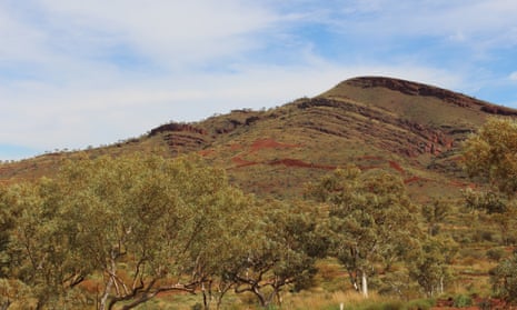 A rocky outcrop on a hill covered in grasses and red dirt with some trees at the base on Puutu Kunti Kurrama and Pinikura country in Western Australia