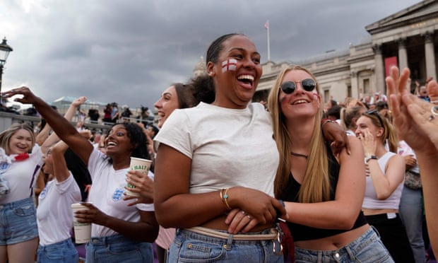 Celebrations in Trafalgar Square, London, on Sunday night as fans watch England beat Germany in the Women’s Euro 2022 final. 
