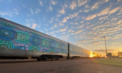 The Ghan train with designs by artist Chantelle Mulladad, of Keringke Arts, it was commissioned by Parrtjima festival and has been wrapped around the Ghan. Parrtjima - A Festival in Light.