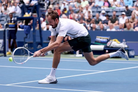 Daniil Medvedev reaches a shot from Sebastian Gorzny.
