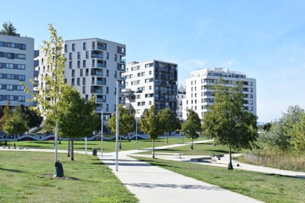 Seestadt Aspern, modern 10-storey blocks with small trees and landscaped view looking like a university campus.