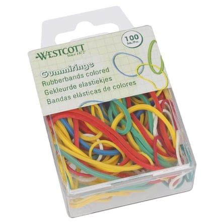 A plastic box of different coloured rubber bands.