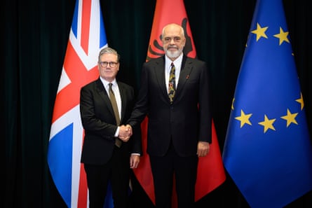 Keir Starmer with Albania’s prime minister, Edi Rama, at the Kryeministria in Tirana, Albania, 15 May 2025.