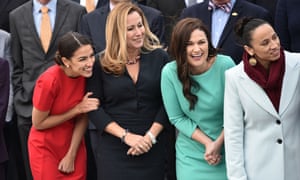 Democratic members-elect Alexandria Ocasio-Cortez of New York, Debbie Mucarsel-Powell of Florida, Abby Finkenauer of Iowa and Sharice Davids of Connecticut pose for the 116th Congress members-elect group photo.