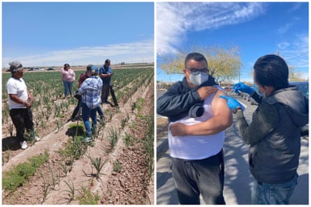 A collage of promotoras helping the community.