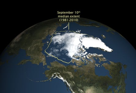 A satellite image of the arctic shows comparative ice melt