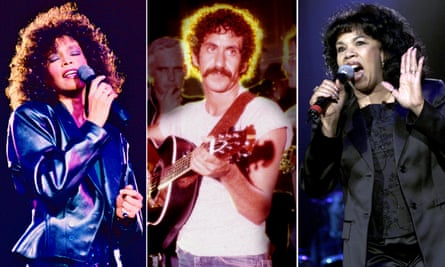 A composite photo of Whitney Houston crooning into a microphone, Jim Croce strumming a guitar and Candi Staton also with a microphone