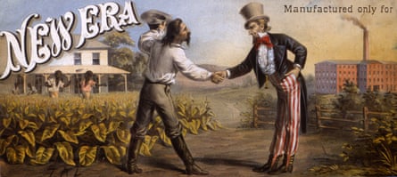 Lithographic artist TA Liebler Jr designed this reconstruction post-civil war scene for this tobacco crate label, entitled New Era, which was printed circa 1870 in New York City.