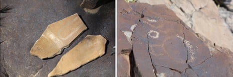 stone tablets and a petroglyph