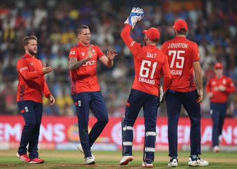 Brydon Carse of England celebrates after dismissing Tilak Varma of India.