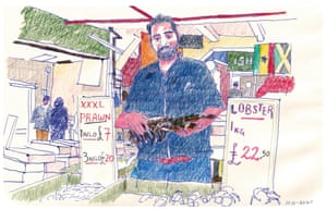 Muhammad at Polydor Seafood in a drawing by artist Pat Wingshan Wong who captures the life of fishmongers at Billingsgate Market, London.