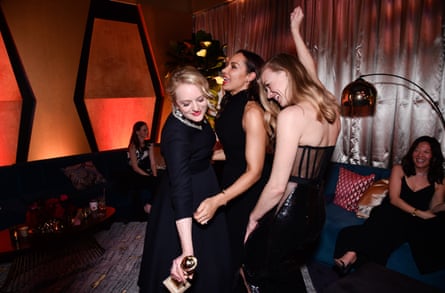 (L-R) Handmaid’s Tale co-stars Elisabeth Moss, Amanda Brugel and Yvonne Strahovski at a party in Los Angeles.