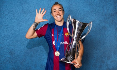 Lucy Bronze with the Champions League trophy last Saturday after winning the competition for a fifth time.