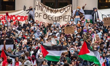 A large group of people hold signs and Palestinian flags.