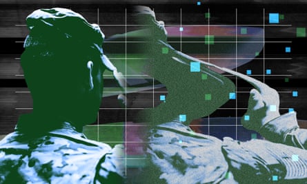 An warped illustration featuring a soldier and a grid