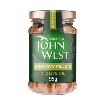 Glass jar of John West Anchovy Fillets, 95g.