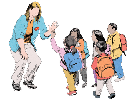 A woman with a button on her jacket high-fives a group of children with backpacks.