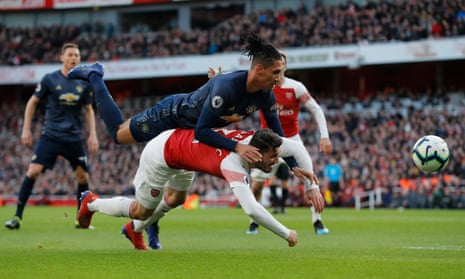 Chris Smalling jumps on top of Sead Kolasinac but Arsenal beat Manchester United 2-0 in this fixture at the Emirates in March 2019.