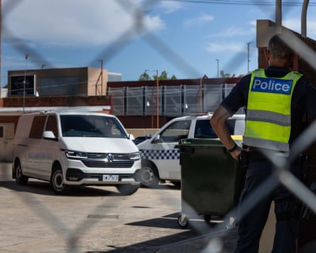 A white van carrying Brendan Nugent leaves Wangaratta magistrates court on Wednesday.