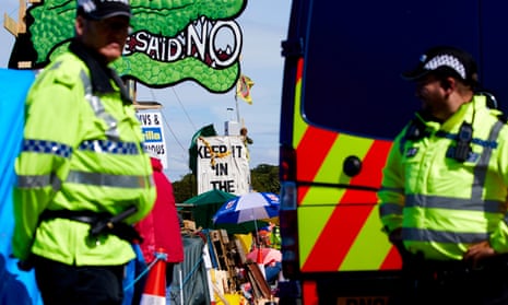 Police monitor protests at Cuadrilla’s site in Lancashire earlier this month.
