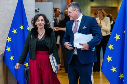 Maroš Šefčovič and European Commissioner for Preparedness and Crisis, Hadja Lahbib, arrive for the weekly EU College of Commissioners in Brussels this year.