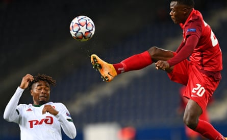Patson Daka playing in the Champions League for RB Salzburg against Lokomotiv Moscow in October 2020.