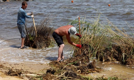 Los trabajadores limpian los arbustos y los escombros llevados por las aguas de la inundación a las playas de Odesa después de que se rompiera la presa de Kakhovka.