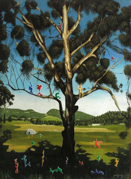 A huge gum tree with Thornton sitting on a branch