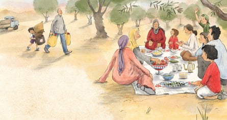 a book illustration of a family sitting down