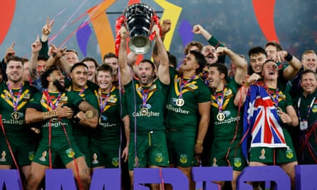 Australia’s James Tedesco holds aloft the trophy as they celebrate winning the men’s World Cup in Manchester in November last year.