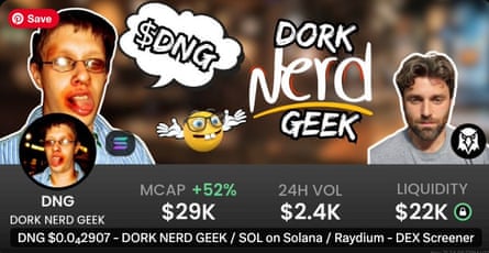 A listing for a memecoin called “dork nerd geek” showing an image of a journalist next to images of a man with glasses with his tongue sticking out