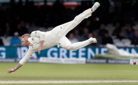 Ben Stokes dives to stop a ball off his own bowling during the second day of the England v West Indies 3rd test match at Lord’s Cricket Ground.