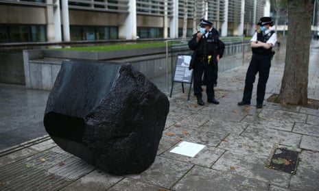 Klang, a sculpture in the form of a boulder by Fiona Banner, outside the Department for Environment, Food and Rural Affairs in London