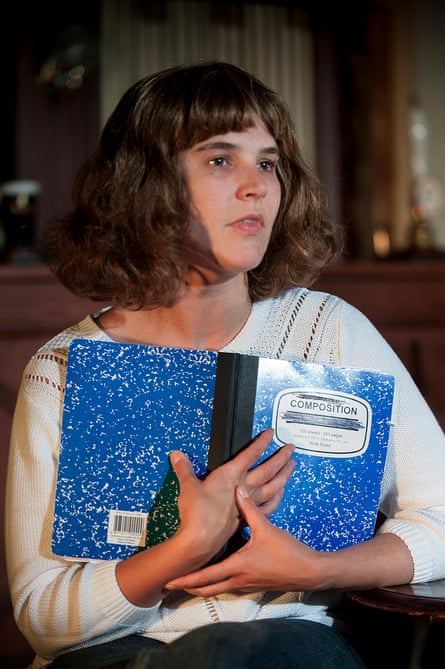 Emily Spowage as Andrea Dunbar, with prized notebook.