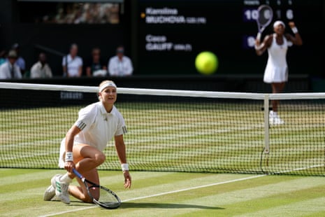 Karolina Muchova of Czechia reacts after falling against Coco Gauff