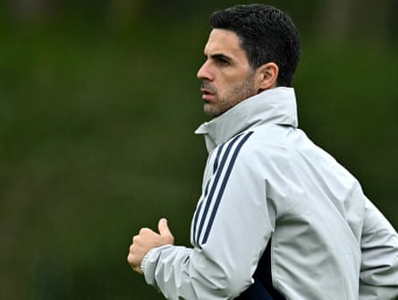Mikel Arteta arrives to lead a team training session at London Colney