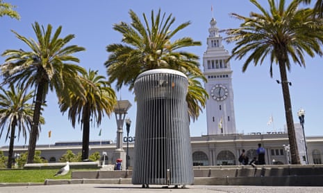 A prototype of the Salt and Pepper trash can seen near the Embarcadero and Ferry Building in San Francisco.