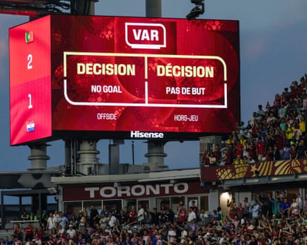 The big screen at the Toronto Stadium confirms Croatia’s late goal has been chalked off.