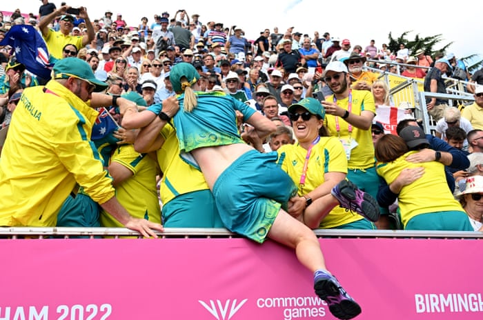 Australia’s Ellen Ryan (pictured) and Kristina Kristc celebrate after defeating England in the women’s pairs gold medal match.