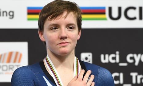 Kelly Catlin on the podium after winning bronze in the individual pursuit final at the 2018 world track championships