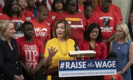 House speaker Nancy Pelosi holds a news conference as the House voted to raise the federal minimum wage on 18 July.