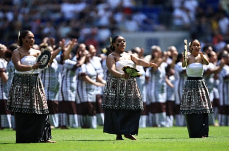 Performers do the Fiji Cibi dance before the match.