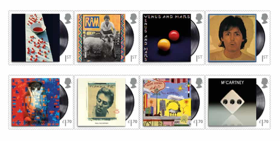 Eight of the stamp designs, depicting solo and Wings album covers.