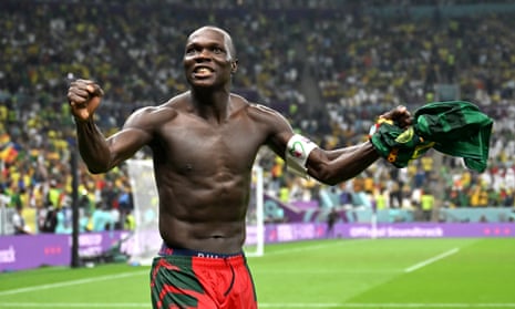 Cameroon’s Vincent Aboubakar celebrates scoring.