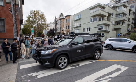 An autonomous Zoox car during a test drive through the Lombard Street of San Francisco in California, in October.