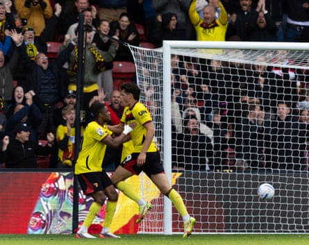 Luca Kjerrumgaard enjoys his crucial opener for Watford against Charlton